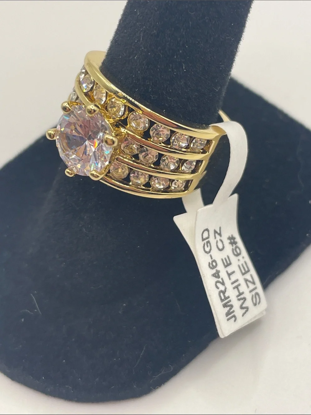 Brass Gold plated With White Center Crystal Triple-Row Statement Ring Size 6